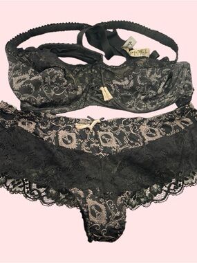 Aubade Black/soft pink Printed Lace Bra & Brief Set